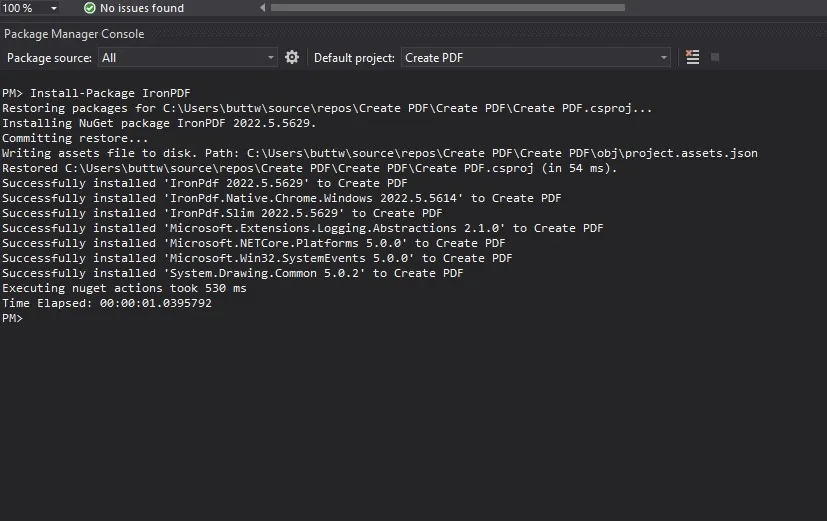 C# Create PDF (Code Example Tutorial), Figure 08: Installation process in Package Manager Console