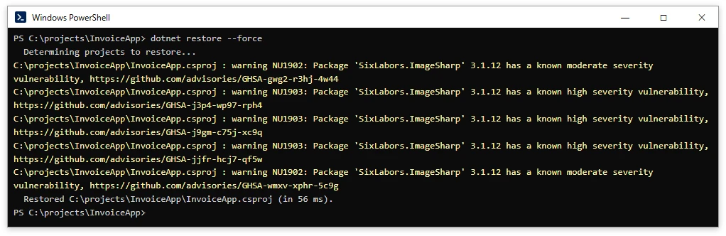 Figure 2 - NuGet audit warnings for ImageSharp 3.1.12 in a net11.0 project on IronPDF 2026.10.1