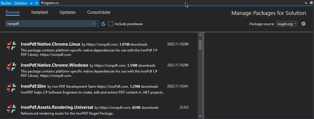 Tutorial Cómo descargar PDF desde una URL en C# (paso a paso), Figura 6: Instalación de IronPDF en la interfaz de usuario del gestor de paquetes NuGet