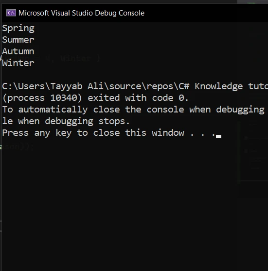 C# Enums (How It Works For Developers): Figure 1 - Console output of the each value associated with Season enum