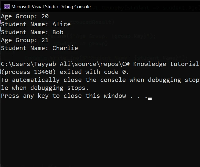 C# Groupby (How It Works For Developers): Figure 1 - Console output from the previous code example