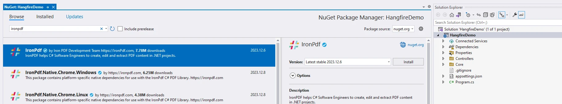 Expresiones lambda en C# (Cómo funciona para desarrolladores): Figura 1 - Instalación de IronPDF con el gestor de paquetes NuGet