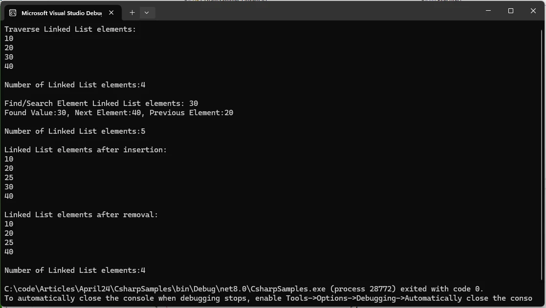 C# Linked List (How It Works For Developers): Figure 1 - Linked List Output