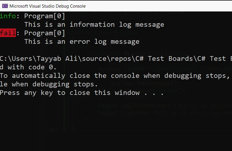 Registro en C# (Cómo funciona para los desarrolladores): Figura 1 - Ejemplo de salida de consola con mensajes de registro