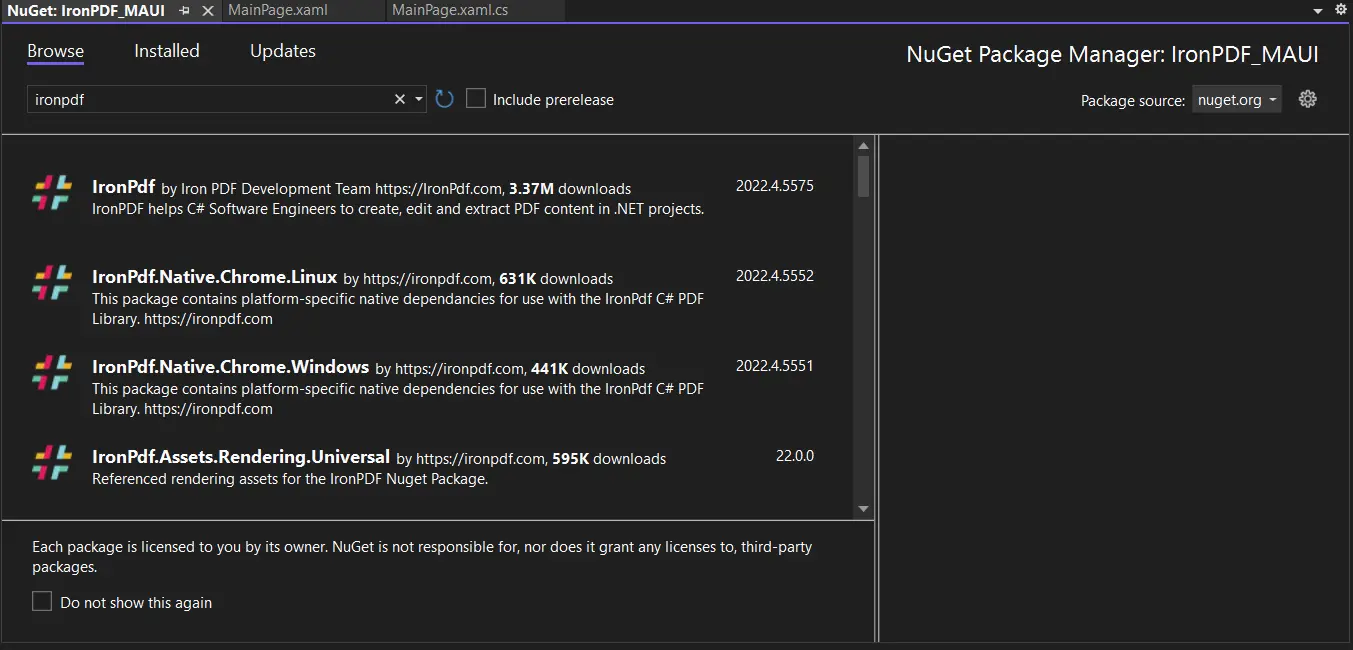 Creating a PDF file in .NET MAUI Using IronPDF, Figure 5: Select IronPdf package from NuGet Package Manager UI