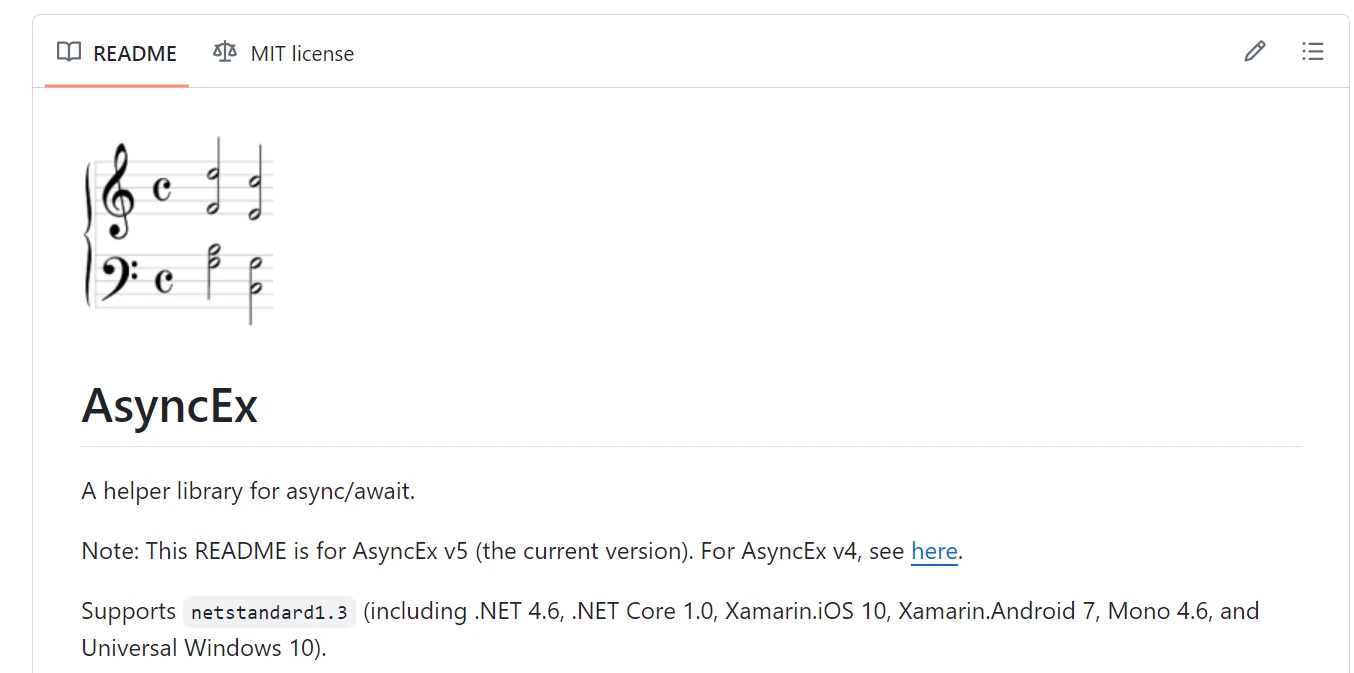 C# Nito.Asyncex (Cómo funciona para los desarrolladores): Figura 1 - AsyncEx github 'read me' page