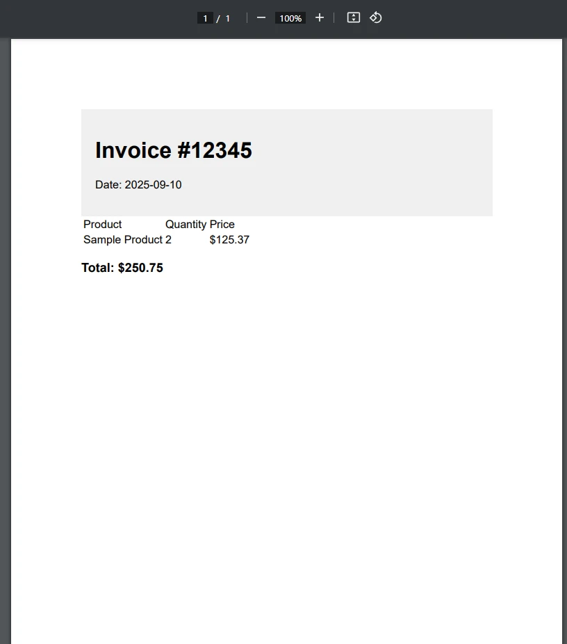 How to Create a PDF with C# PDFWriter: Figure 6 - Generated PDF invoice output
