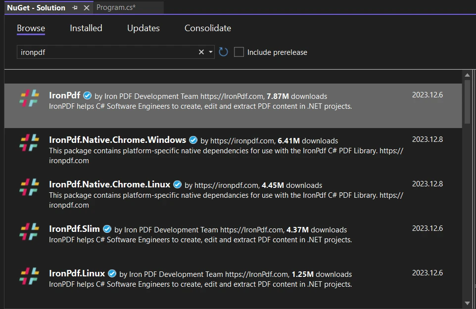 C# Primary Constructor (How It Works For Developer): Figure 2 - Searching for the IronPDF package in the NuGet package manager browser