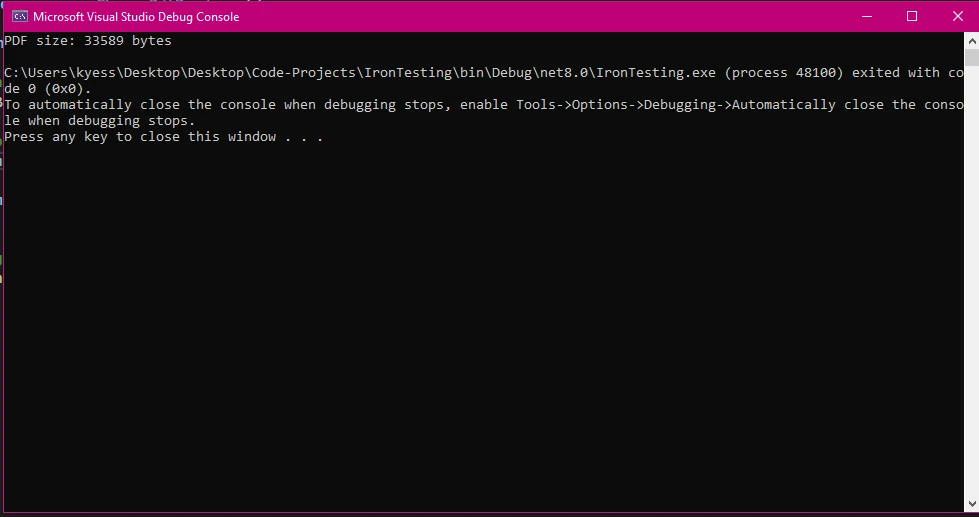 How to Convert a C# Print Form to a PDF Document: Figure 1 - Console output with PDF byte array size