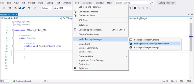 C# Print PDF Programmatically (Code Example Tutorial), Figure 1: Navigate to the NuGet Package Manager
