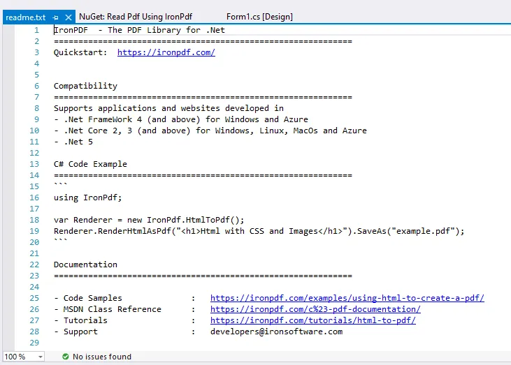 C# Read PDF File: Easy Tutorial, Figure 12: IronPdf's readme file with code samples