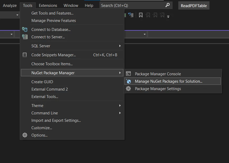 Cómo leer una tabla PDF en C#, Figura 6: Herramientas y gestión de paquetes NuGet