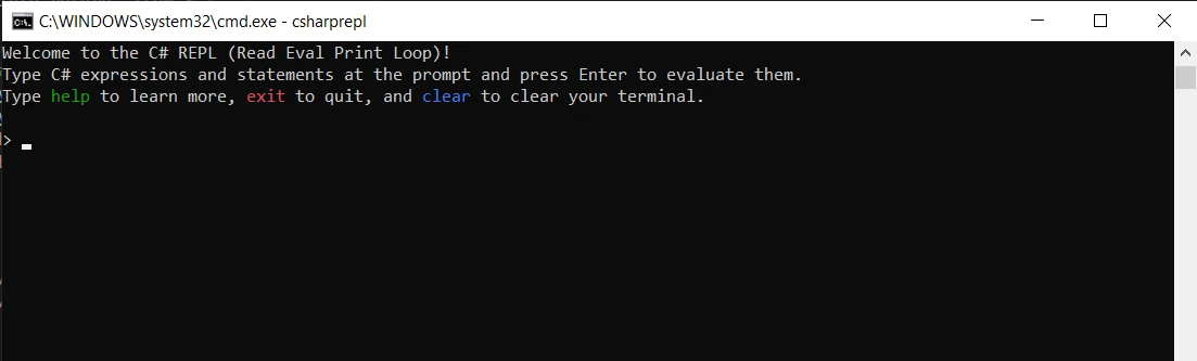 C# REPL (How It Works For Developer): Figure 1 - Introduction message when starting up the CSharpRepl environment
