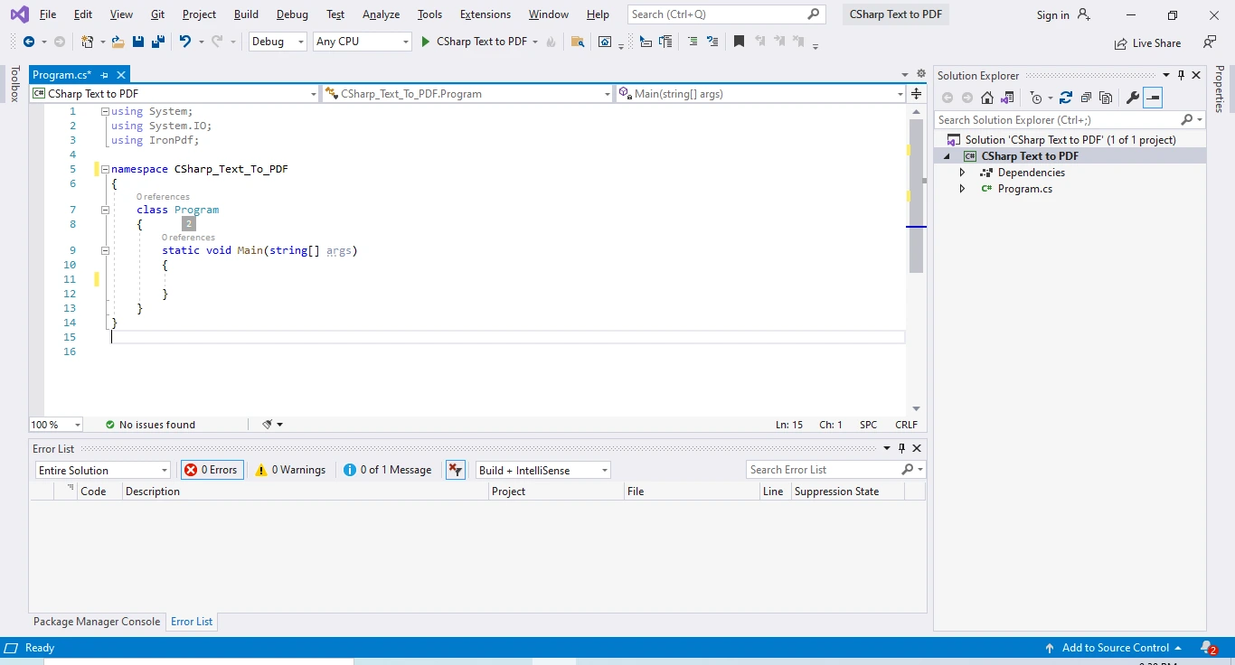 C# Text to PDF (Code Example Tutorial), Figure 1: Create a new Console Application in Visual Studio