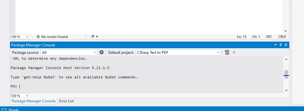C# Text to PDF (Code Example Tutorial), Figure 2: Package Manager Console