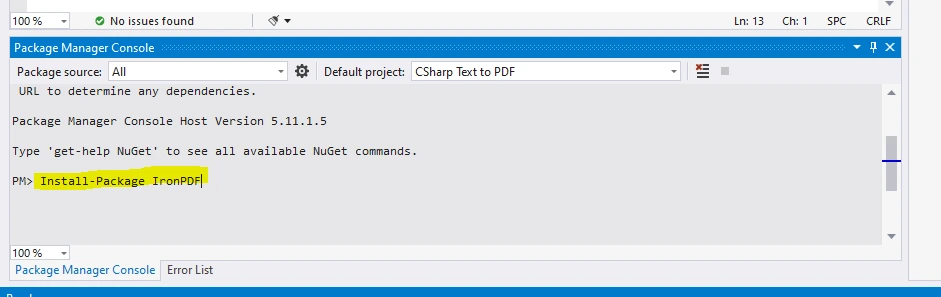 C# Text to PDF (Code Example Tutorial), Figure 3: Installation progress in the Package Manager Console