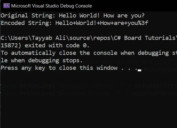 C# URL Encode (How It Works For Developers): Figure 1 - Console output showing the original and encoded strings 