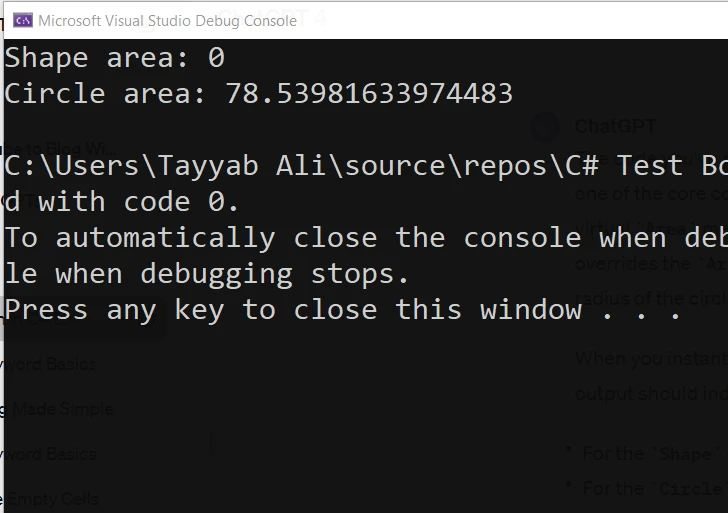 C# Virtual Keyword (How It Works For Developers): Figure 1 - Console output from the code above showcasing how myCircle calls the overridden Area method