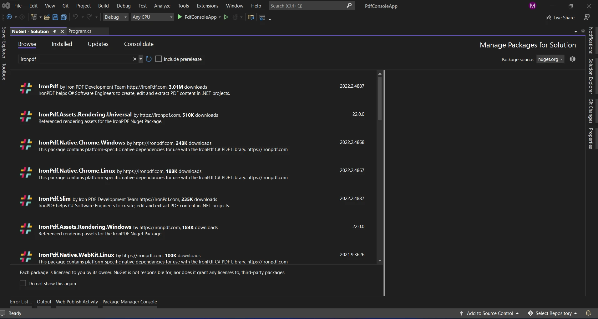 C# Volatile (How It Works For Developers): Figure 4 - Installing IronPDF from the NuGet package manager