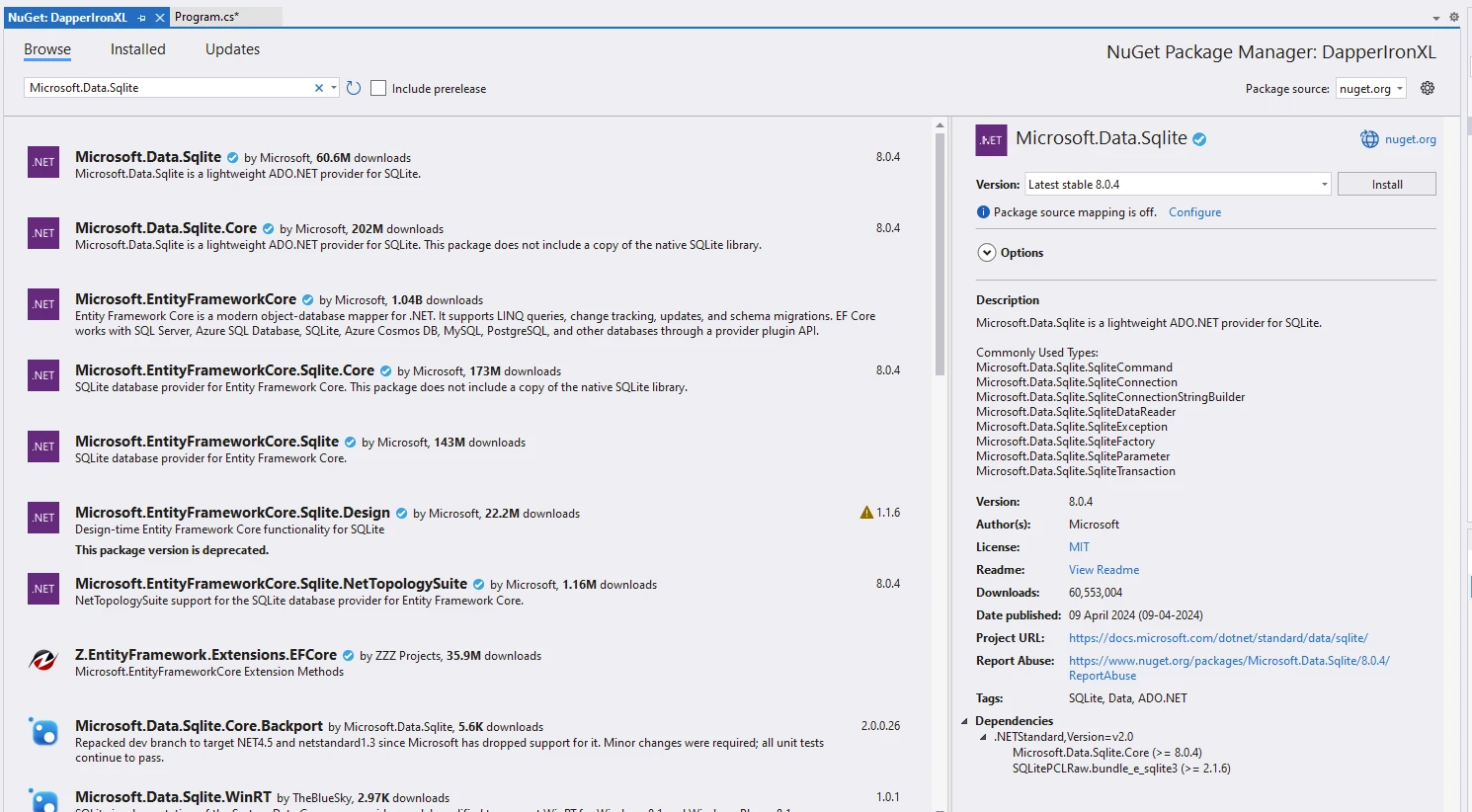 Dapper C# (How It Works For Developers): Figure 4 - Installing Microsoft Data Sqlite from Visual Studio Package Manager