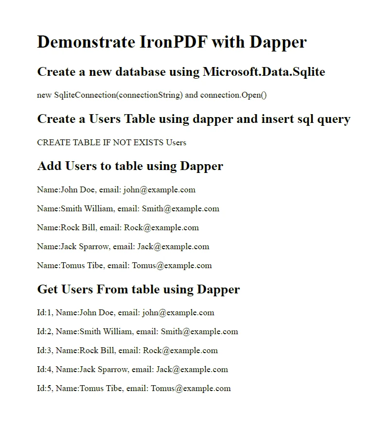 Dapper C# (How It Works For Developers): Figure 7 - Example PDF output utilzing all the packages installed above