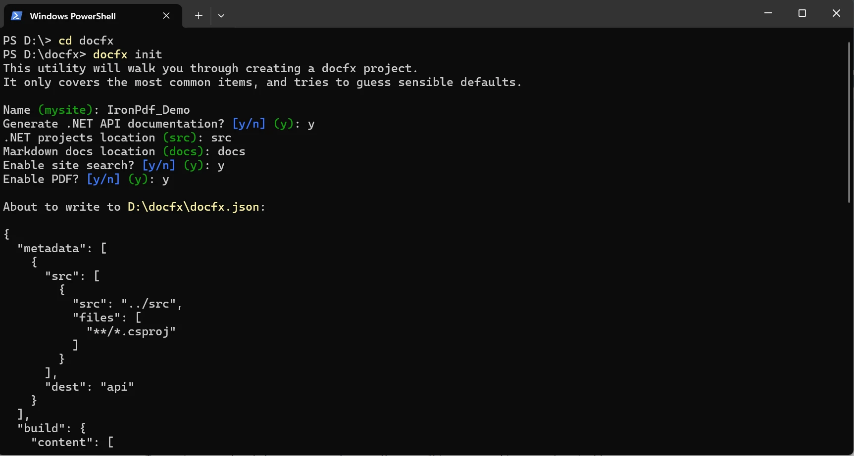 docfx C# (How It Works For Developers): Figure 2 - Using the command docfx init to create a new docset