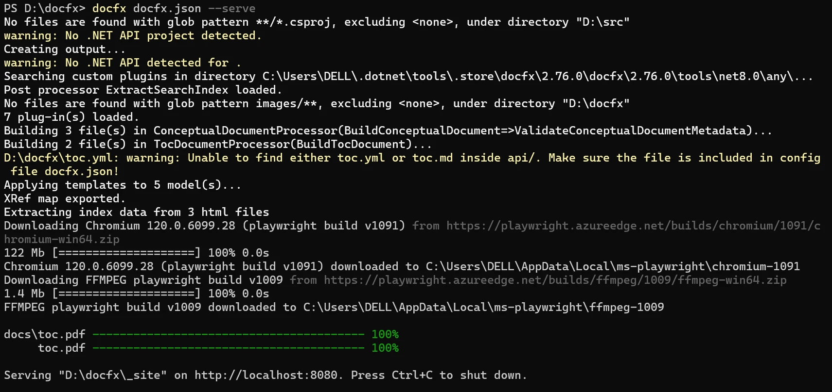 docfx C# (开发人员如何使用)：图 3 - 使用该命令在当前工作目录下创建一个新的 DocFX 项目