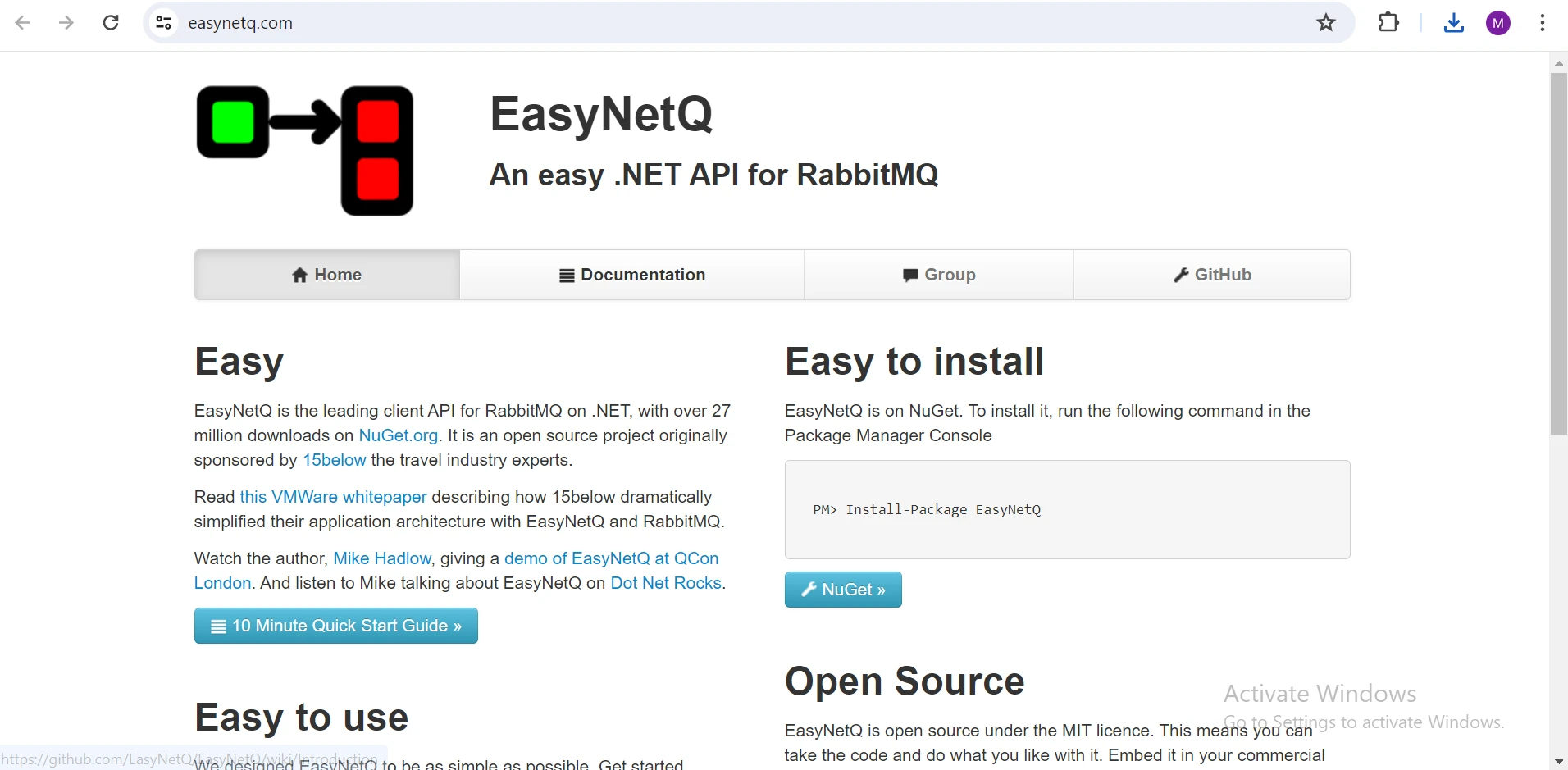 EasyNetQ .NET (How It Works For Developers): Figure 1 - EasyNetQ homepage