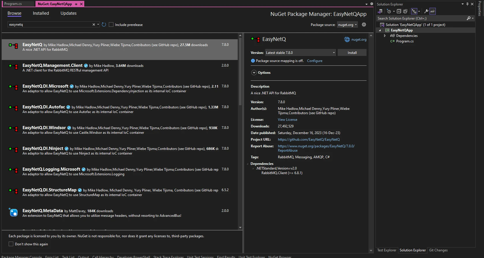 EasyNetQ .NET (Cómo funciona para desarrolladores): Figura 2 - Busque EasyNetQ a través de NuGet Package Manager e instálelo