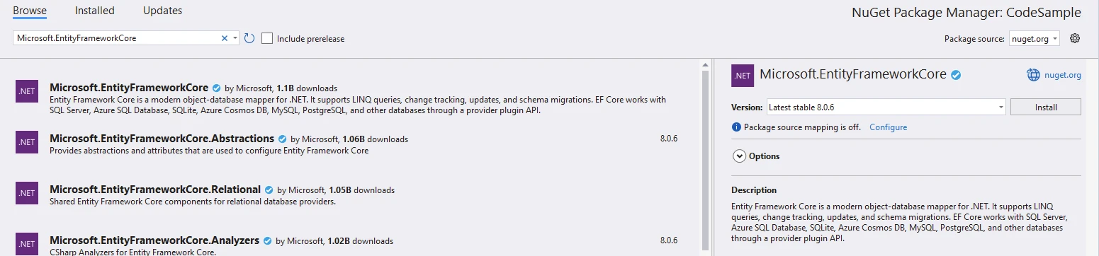 Núcleo de Entity Framework (Cómo funciona para los desarrolladores): Figura 5 - Paquete Microsoft.EntityFrameworkCore