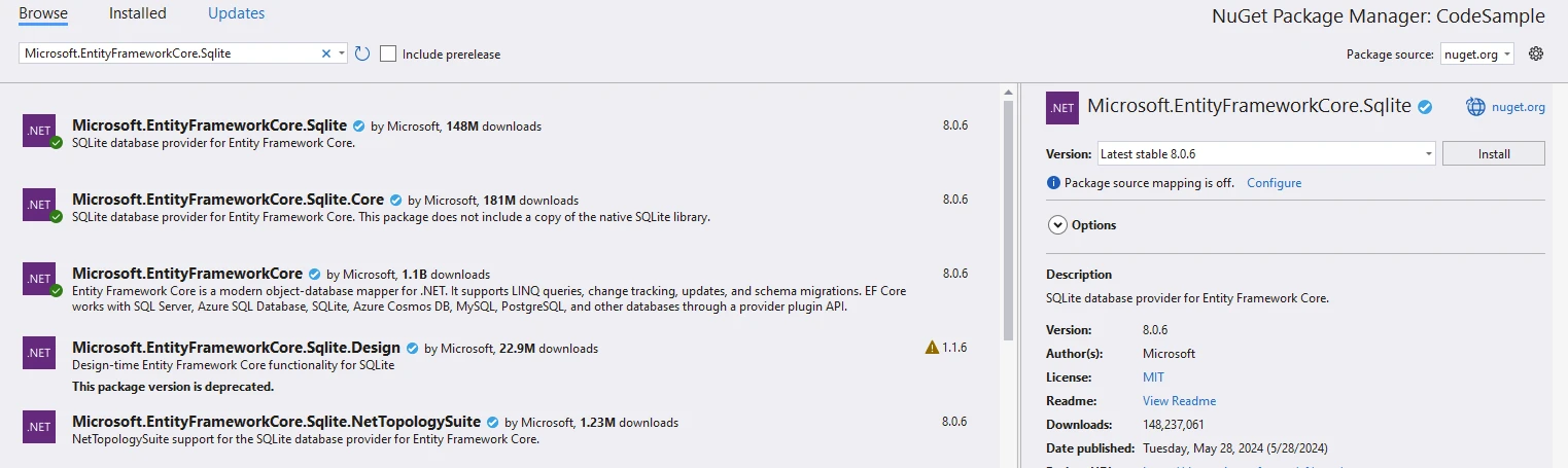 Entity Framework Core（開發人員使用方式）：圖6 - Microsoft.EntityFrameworkCore.SqlLite 套件