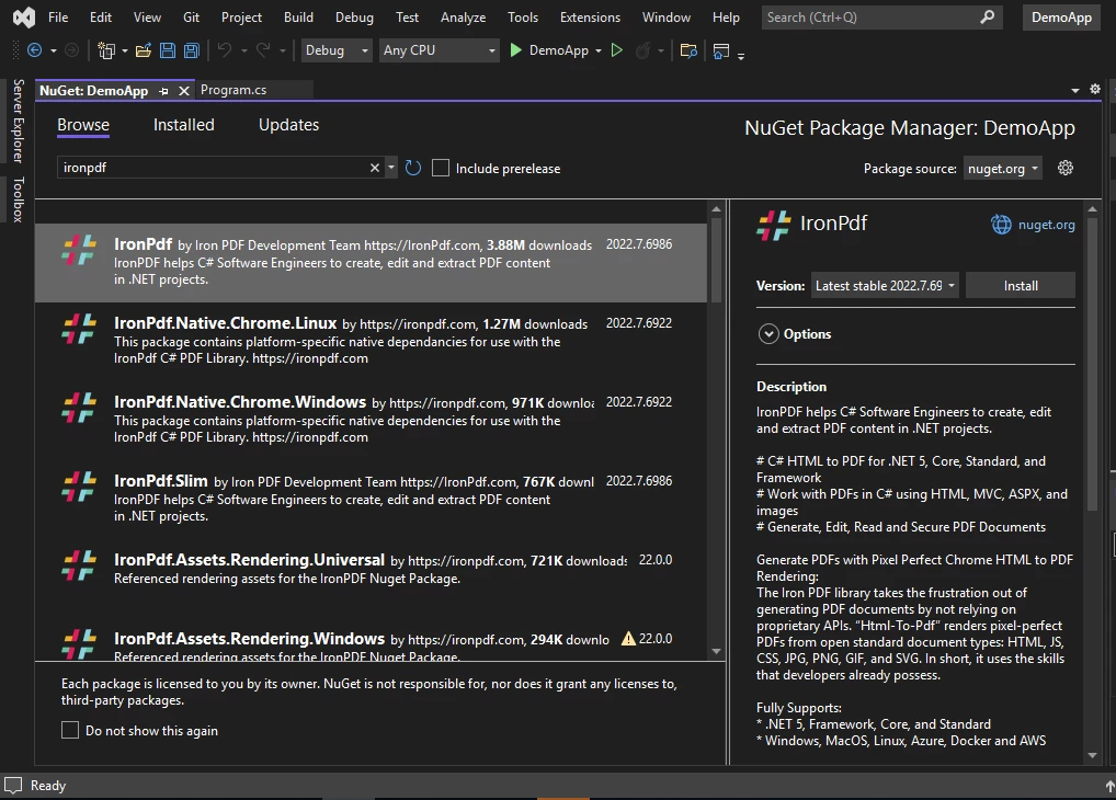 A Comparison between IronPDF and ExpertPDF for .NET: Figure 7: Install IronPDF from NuGet Package