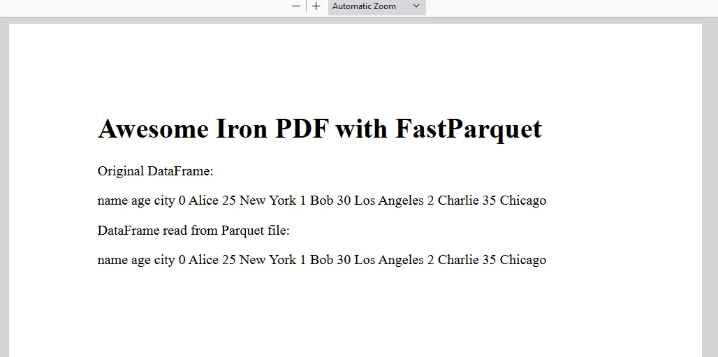 fastparquet Python（开发人员操作方式）：图6 - 使用IronPDF库生成的输出PDF