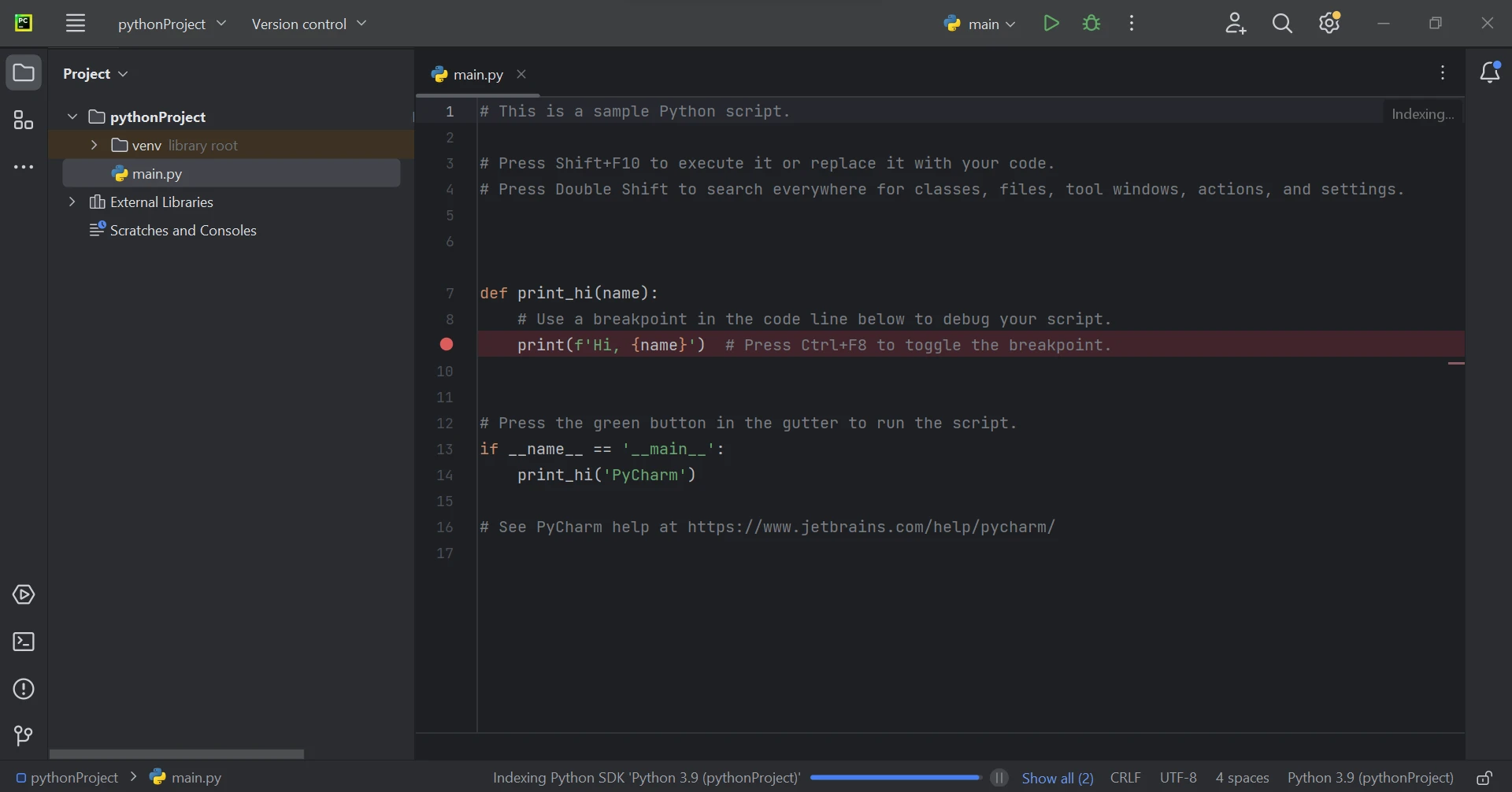 Cómo aplanar un archivo PDF en Python: Figura 3 - Se ha creado con éxito un nuevo Proyecto Python en PyCharm