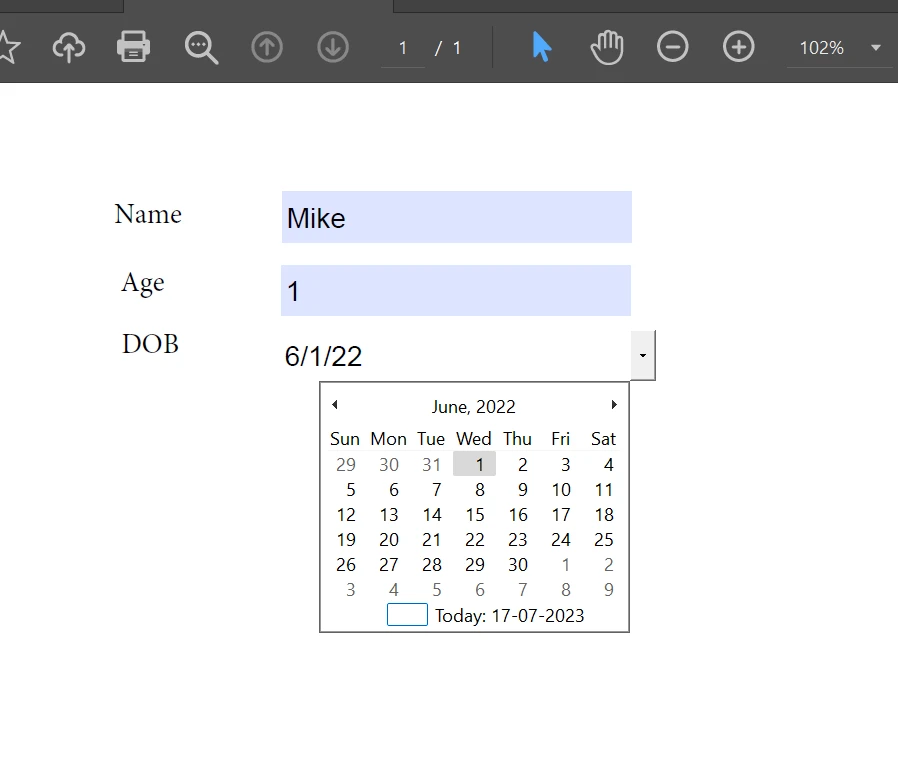 How to Flatten a PDF File in Python: Figure 5 - Source PDF containing a form with calendar and text box controls