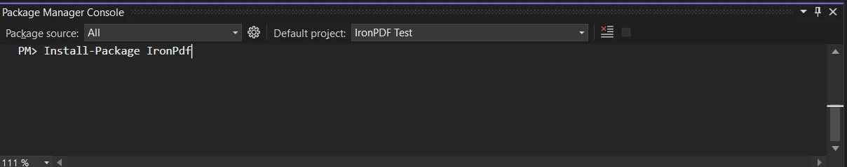 C#でIronPDFと共にFluent Validationを使用する方法、図5: パッケージ マネージャー コンソールでIronPdfパッケージをインストール