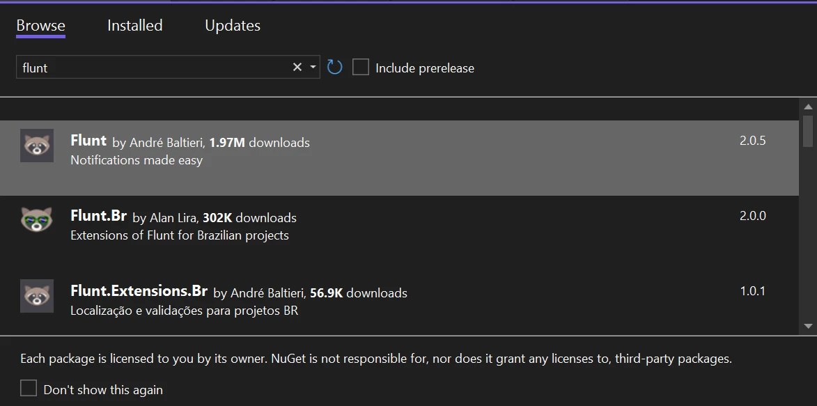 Flunt C# (How It Works For Developers): Figure 1 - Search for Flunt with the Visual Studio Package Manager and install it