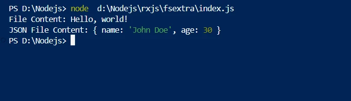 fs extra npm (How It Works For Developers): Figure 2 - Console output for the Node.js application using fs-extra library for file handling.