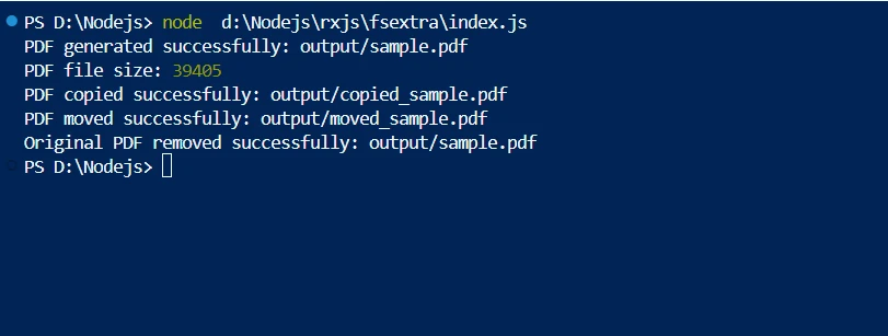 fs extra npm (How It Works For Developers): Figure 5 - Console output for the Node.js application combining fs-extra and IronPDF libraries. The program uses fs-extra library for file and directory handling and uses IronPDF library to the convert HTML content to a PDF document.