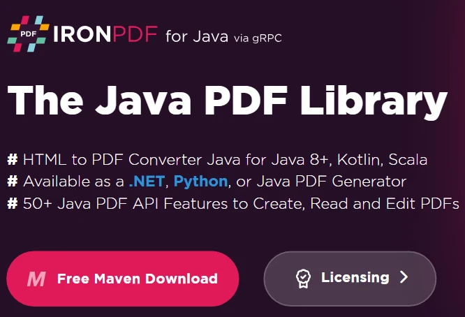 Google HTTP Client Library for Java（對開發人員的運作方式）：圖 4 - IronPDF 主頁：The Java PDF Library