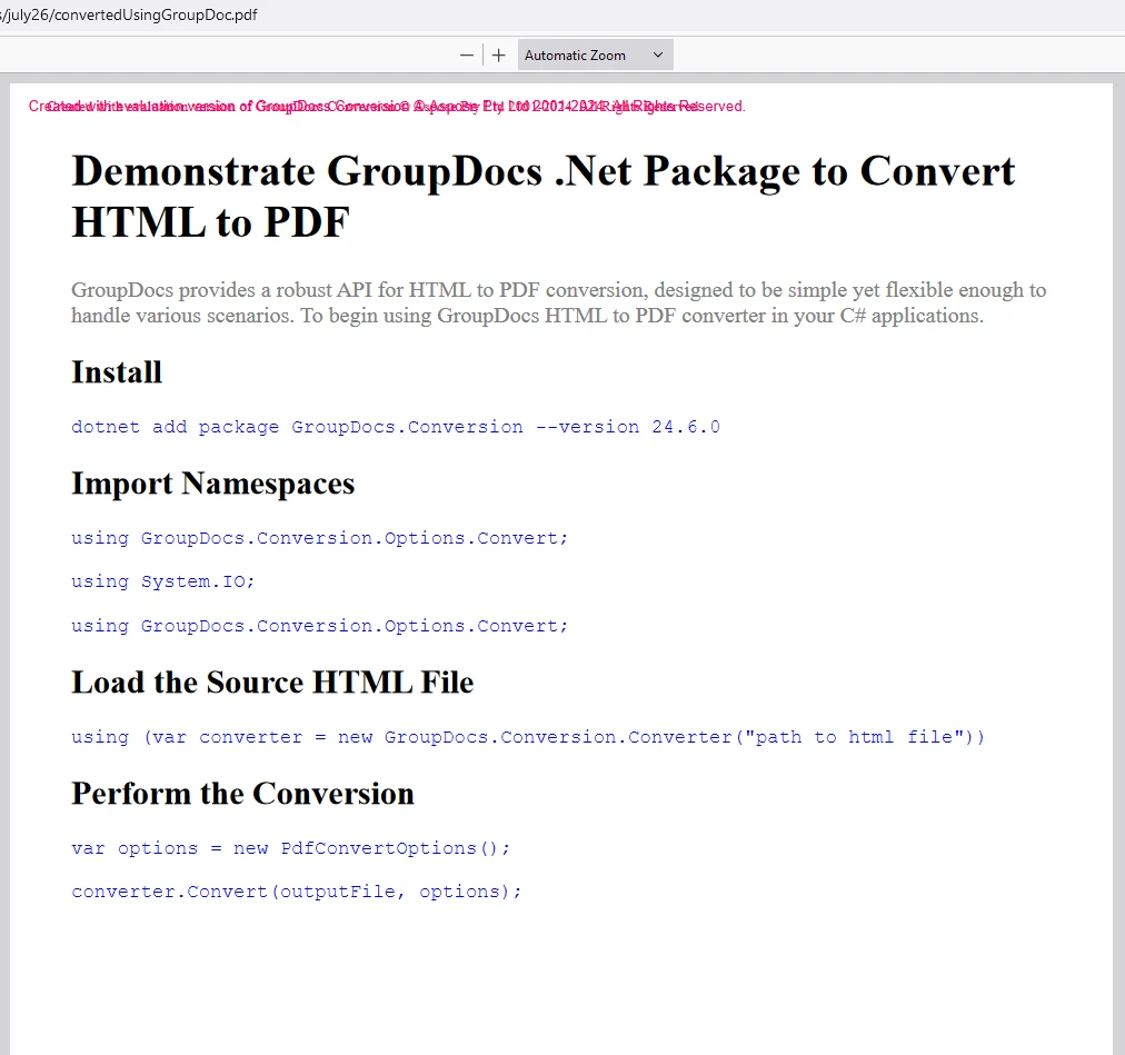 GroupDocs HTML 到 PDF 转换器的 C# 替代方案：图 9