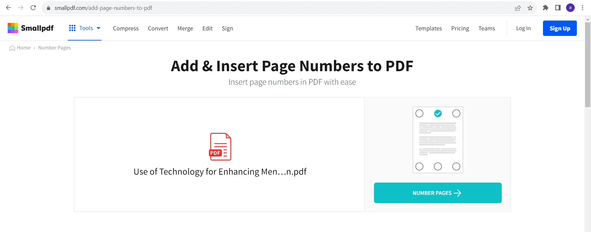 How to Add Page Numbers To a PDF: Figure 10 - Smallpdf only allows you to customize the position of the page numbers, other PDF customizations like number format, page range options, header and footer are not available using the Smallpdf.