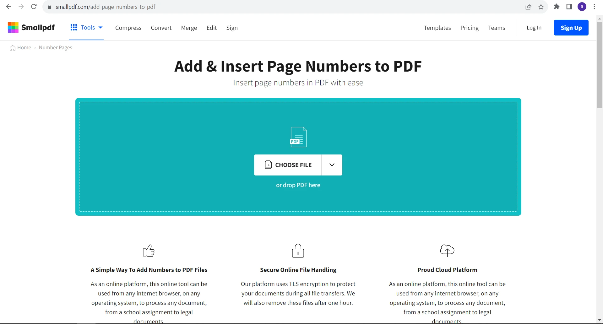 How to Add Page Numbers To a PDF: Figure 9 - After clicking on the Number Pages tool menu, you will be redirected to the Add & Insert Page Numbers to PDF webpage. Upload the PDF document to which you want to add page numbers.