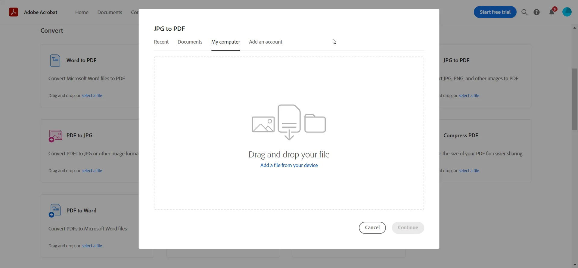 How to Combine Images Into One PDF, Figure 4: Drag-and-drop file modal for JPG to PDF