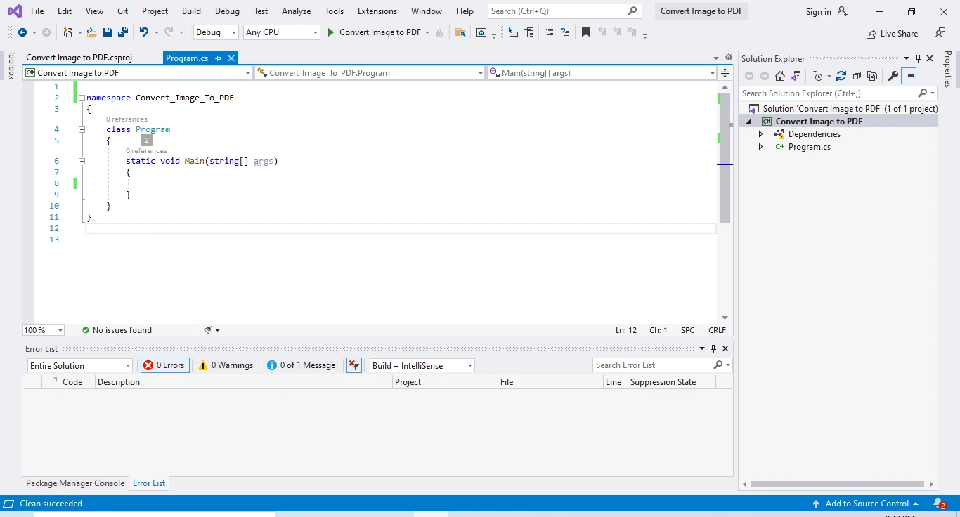 Cómo convertir imágenes a PDF en C# [Tutorial de ejemplo de código]Figura 1: Creación de una nueva aplicación de consola en Visual Studio