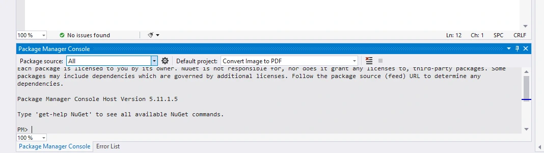 Cómo convertir imágenes a PDF en C# [Tutorial de ejemplo de código]Figura 2: Interfaz de usuario de la consola del gestor de paquetes