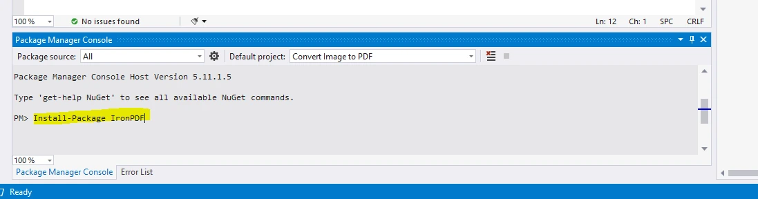 Cómo convertir imágenes a PDF en C# [Tutorial de ejemplo de código]Figura 3: Instalación del paquete IronPdf en la consola del gestor de paquetes