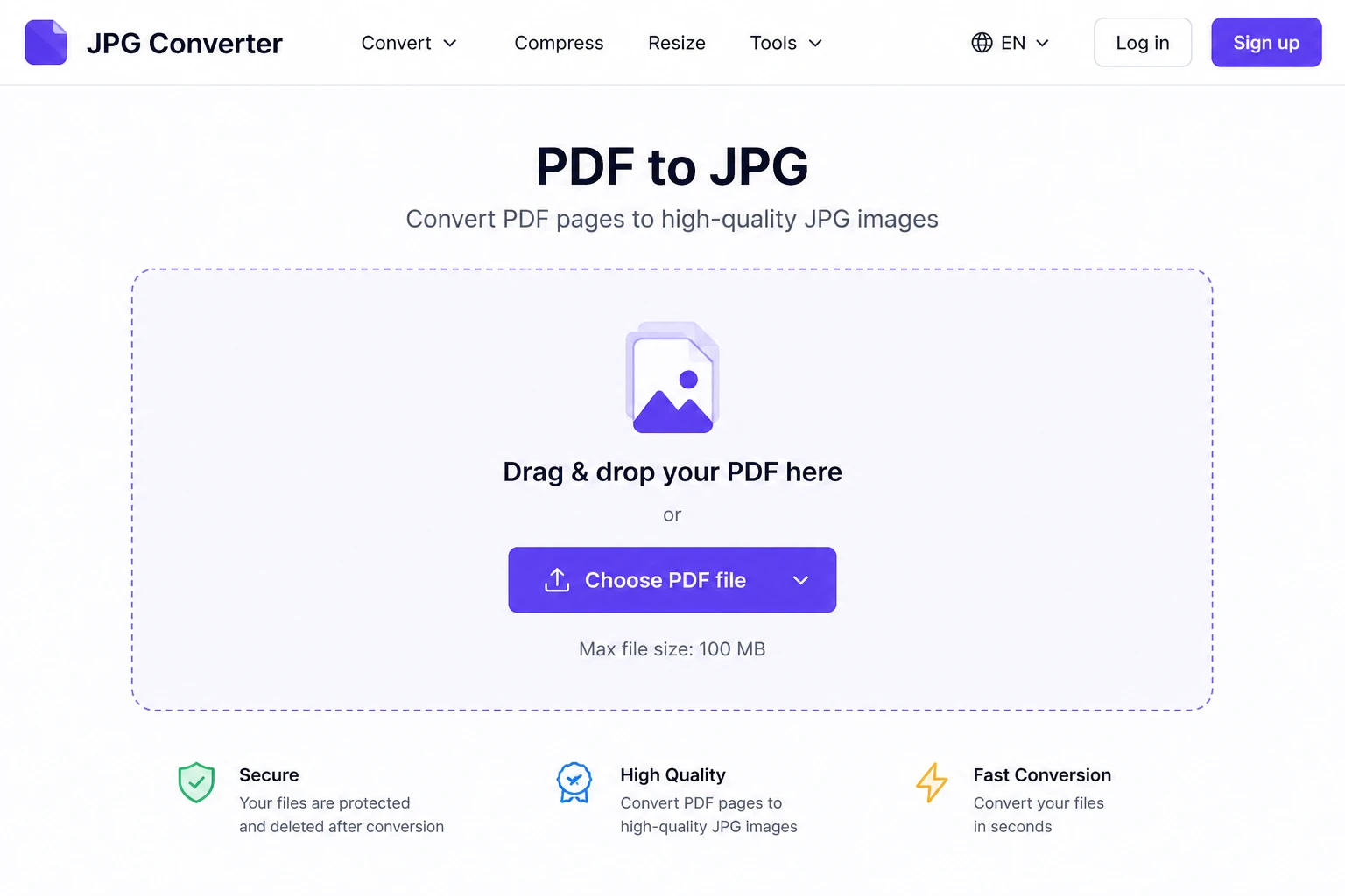 How to Convert PDF to JPG: 11 Easy Methods (Step-by-Step Guide): Image 4 - Online JPG tool showing the drag-and-drop upload area