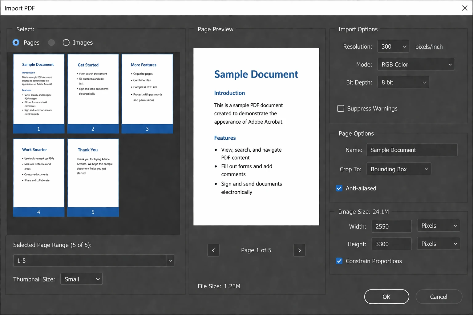 How to Convert PDF to JPG: 11 Easy Methods (Step-by-Step Guide): Image 6 - Photoshop's Import PDF dialog with multiple pages selected