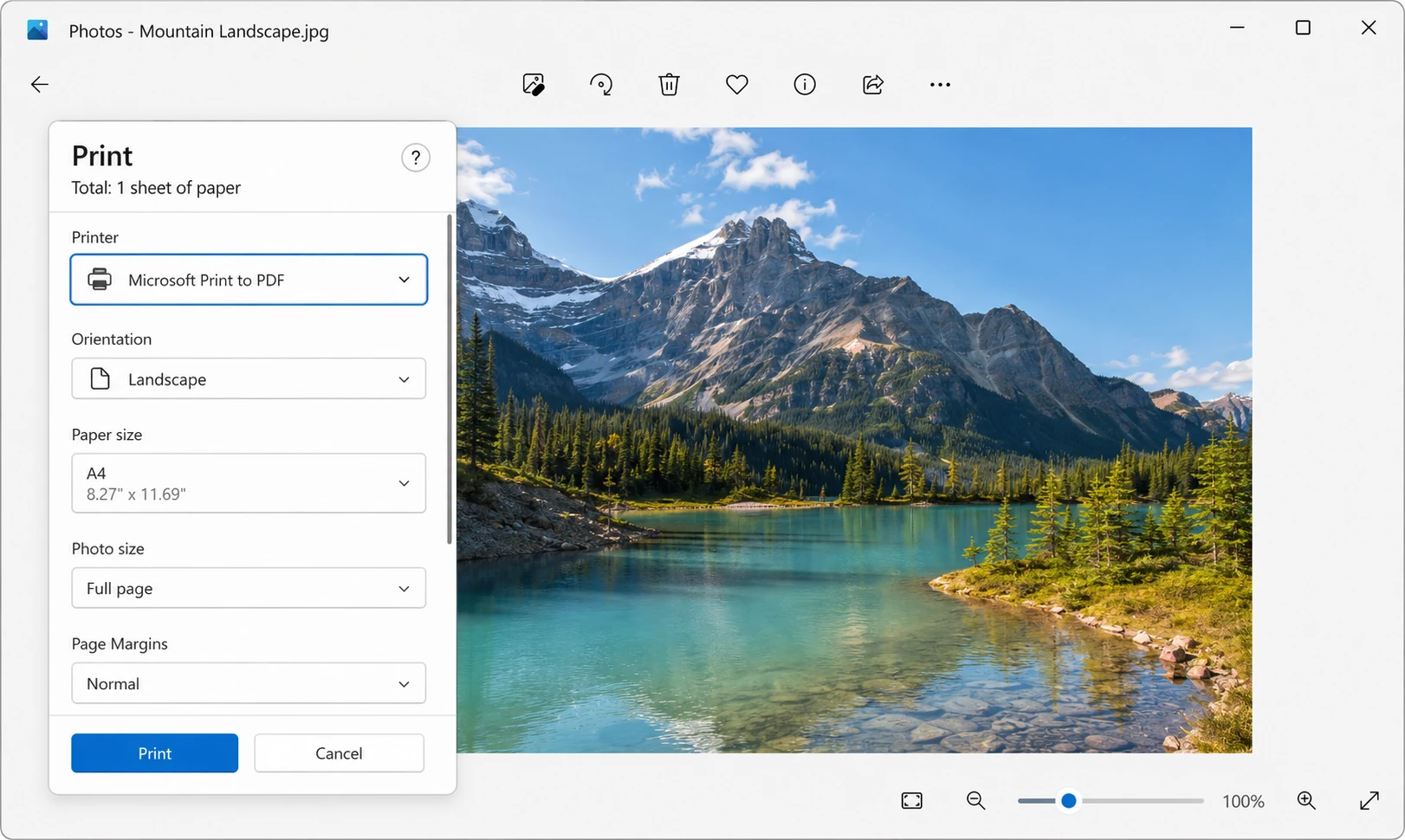 How to Convert PNG to PDF: 7 Methods That Actually Work: Image 2 - Windows Photos app with the print dialog open, "Microsoft Print to PDF" highlighted in the dropdown